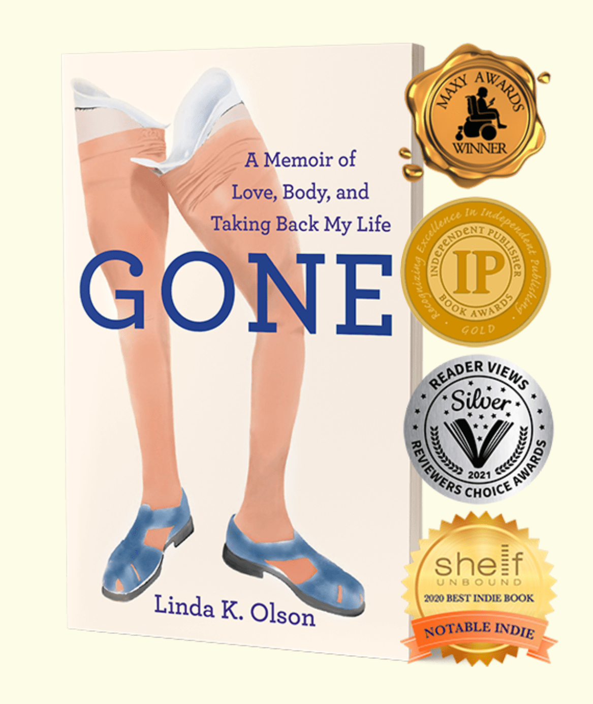 Linda K. Olson's memoir GONE book cover with 4 book award seals