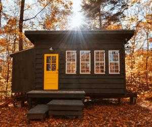 tiny house in the forest, brown with a yellow door and white-framed windows